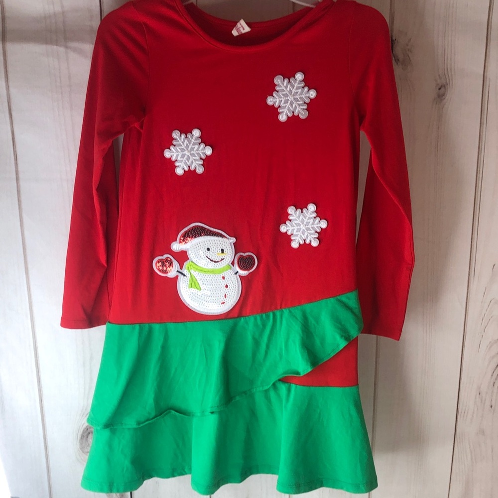 Festive Red and Green Sequin Snowman Dress Girls size 8
